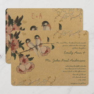 Vintage Cherry Blossom Chickadee Damask Wedding Invitation