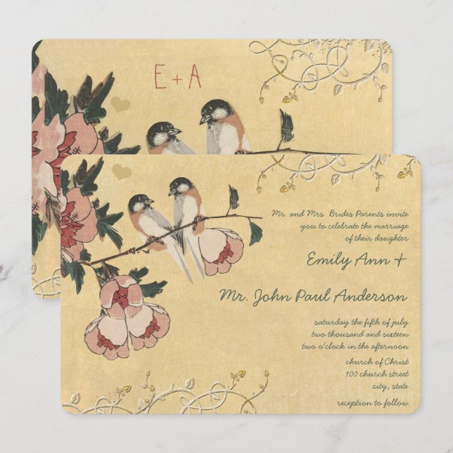 Vintage Cherry Blossom Chickadee  Damask Wedding Invitation (Front/Back)