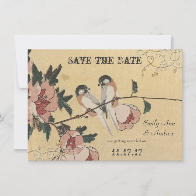 Vintage Cherry Blossom Chickadee  Damask Wedding Invitation (Front)