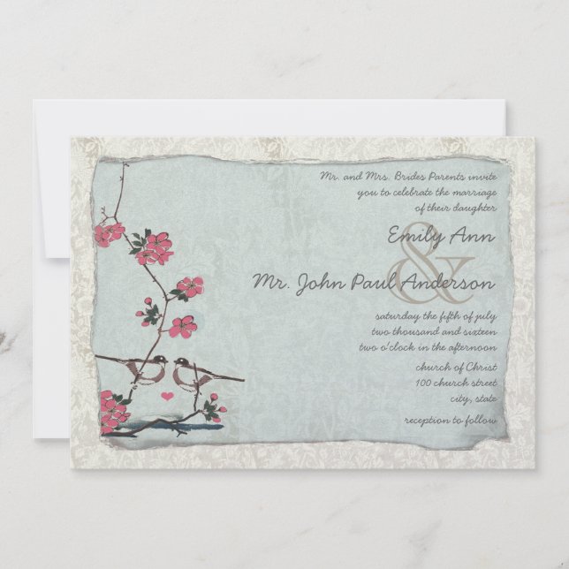 Vintage Cherry Blossom Chickadee  Damask Wedding Invitation (Front)