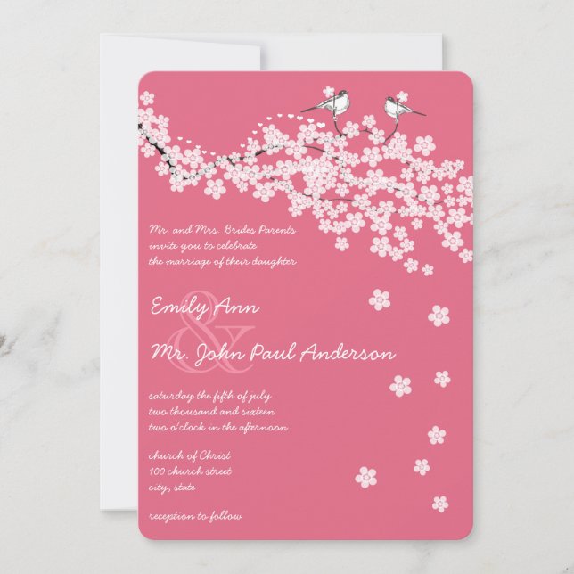 Vintage Cherry Blossom Chickadee  Damask Wedding Invitation (Front)