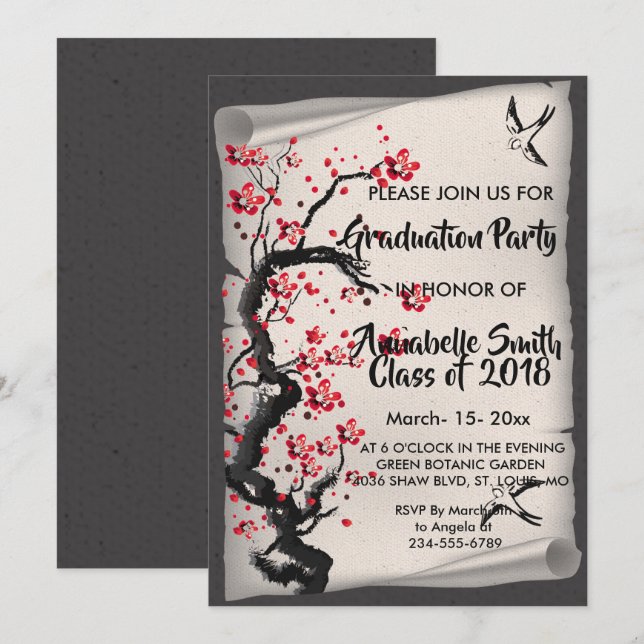 Vintage Cherry Blossom    Graduation Invitation (Front/Back)