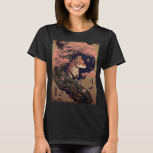 Vintage Cherry Blossom Japanese Fox Scroll Graphic T-Shirt