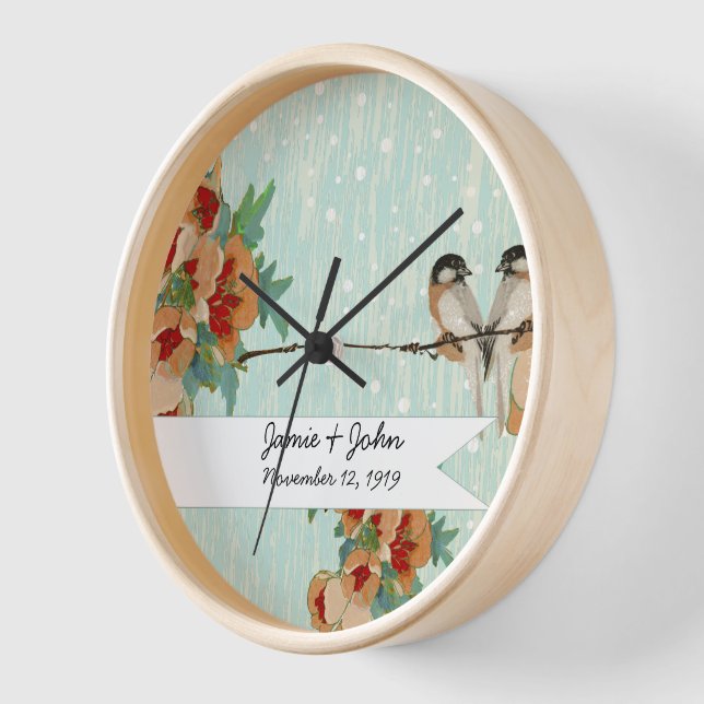 Vintage Cherry Blossom Love Bird Peach Mint Clock (Angle)