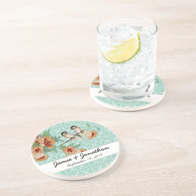 Vintage Cherry Blossom Love Bird Peach Mint Coaster (Side)