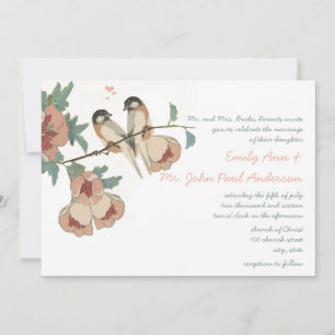 Vintage Cherry Blossom Love BIrd Peach Mint Invitation