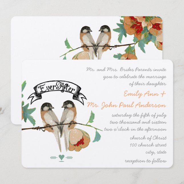 Vintage Cherry Blossom Love BIrd Peach Mint Invitation (Front/Back)