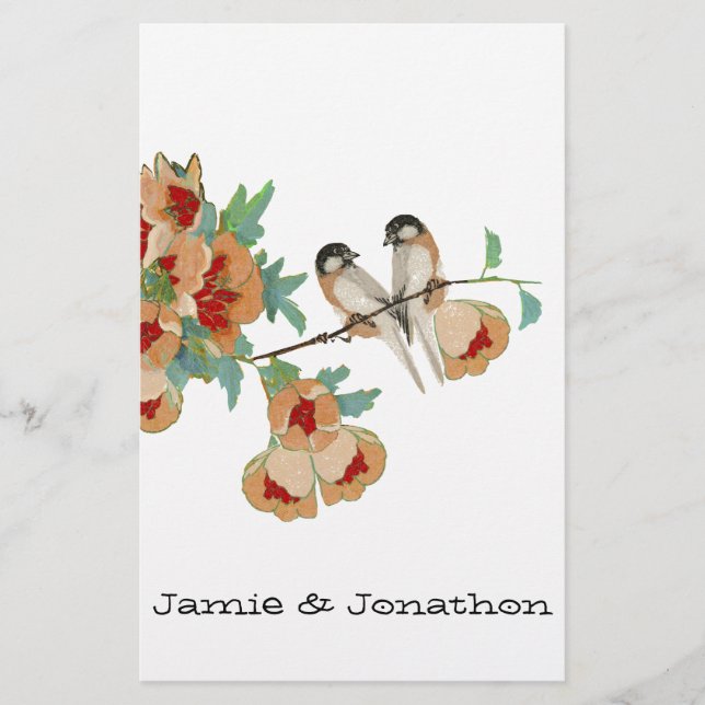 Vintage Cherry Blossom Love Bird Peach Mint Stationery (Front)