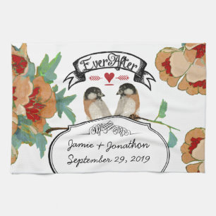 Vintage Cherry Blossom Love Bird Peach Mint Tea Towel