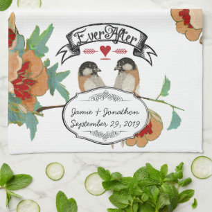 Vintage Cherry Blossom Love Bird Peach Mint Tea Towel