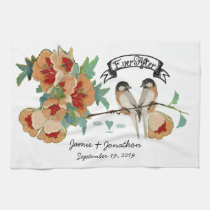 Vintage Cherry Blossom Love Bird Peach Mint Tea Towel