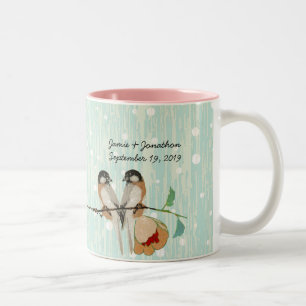 Vintage Cherry Blossom Love Bird Peach Mint Two-Tone Coffee Mug