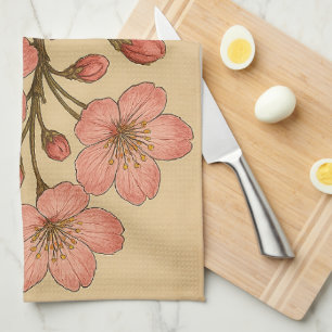 Vintage Cherry Blossom on Weathered Paper Tea Towel