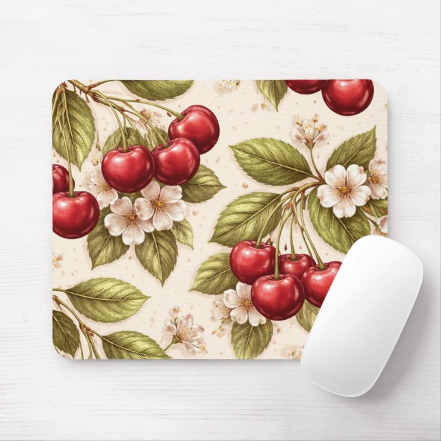 Vintage Cherry Blossom Pattern Red Cherries  Mouse Mat (With Mouse)