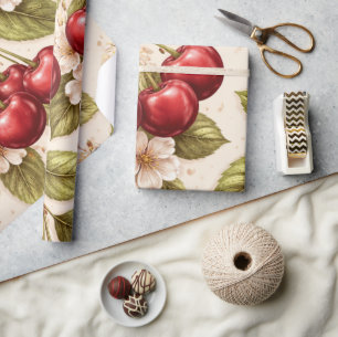Vintage Cherry Blossom Pattern Red Cherries Wrapping Paper