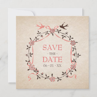 Vintage Cherry Blossom Swallows Save the Date card