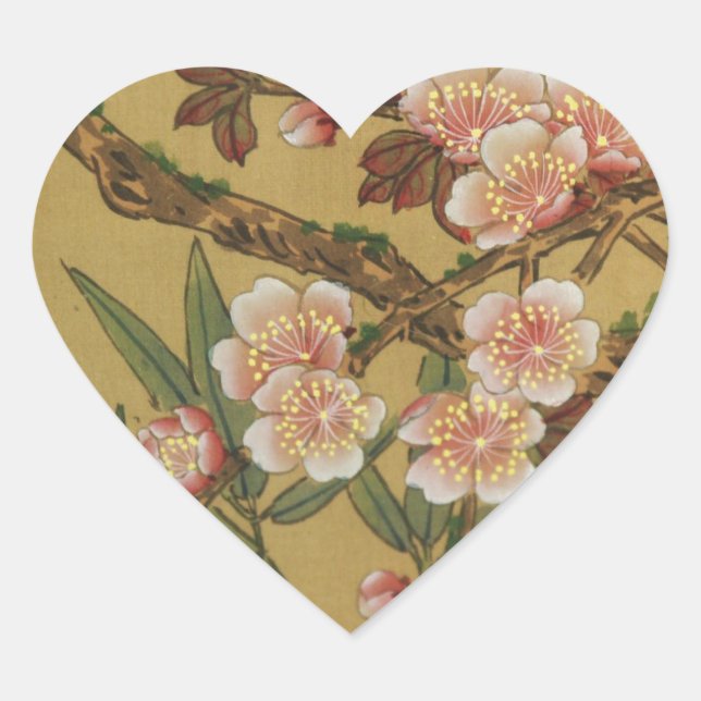 Vintage Cherry Blossoms Asian Japanese Flowers Heart Sticker (Front)