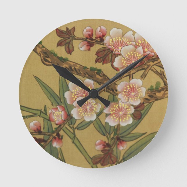 Vintage Cherry Blossoms Asian Japanese Flowers Round Clock (Front)