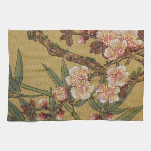 Vintage Cherry Blossoms Asian Japanese Flowers Tea Towel (Horizontal)