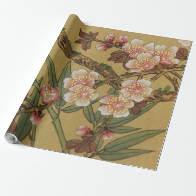 Vintage Cherry Blossoms Asian Japanese Flowers Wrapping Paper (Unrolled)