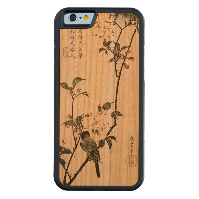 Vintage Cherry Blossoms & Bird Carved Wood iPhone Case (Back)