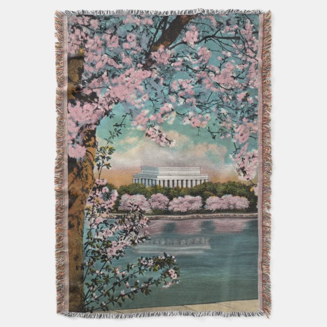Vintage Cherry Blossoms in DC Throw Blanket (Front Vertical)