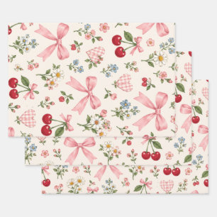 Vintage Cherry Bow Floral Fabric Pattern   Pink Gi Wrapping Paper Sheet