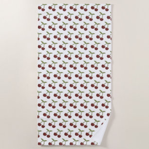 Vintage Cherry Illustrated Pattern on White Beach Towel
