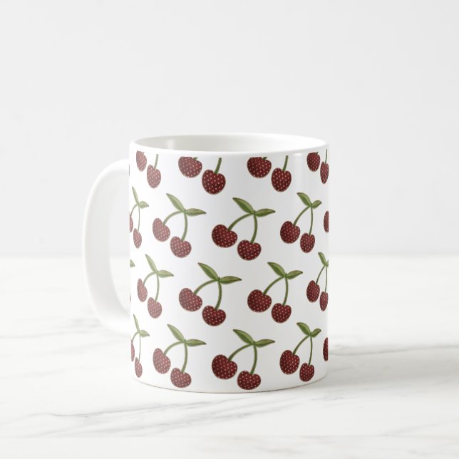 Vintage Cherry Illustrated Pattern on White  Coffee Mug (Front Left)