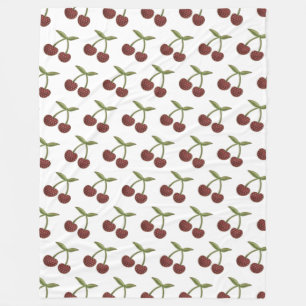 Vintage Cherry Illustrated Pattern on White Fleece Blanket