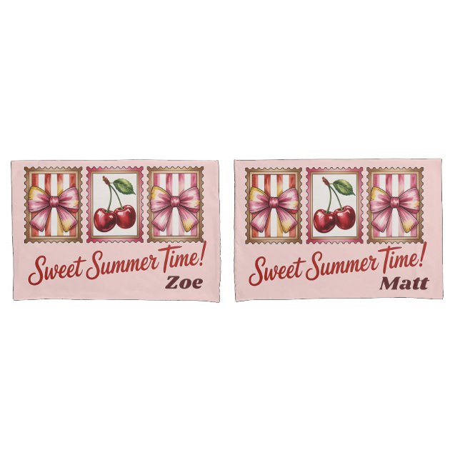 Vintage Cherry Postage Stamp Sweet Summer Time Pillowcase (Front-Set)