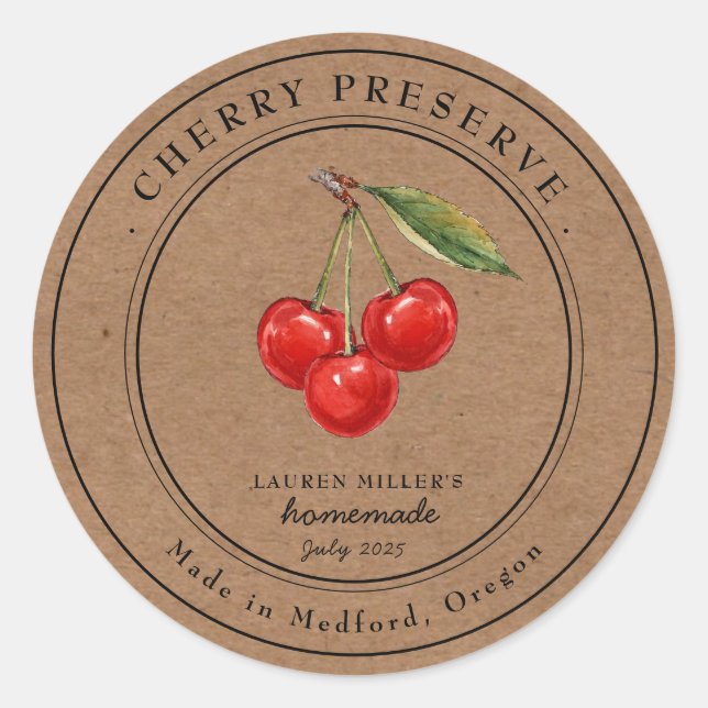 Vintage Cherry Preserve Jam Kraft paper jar label (Front)