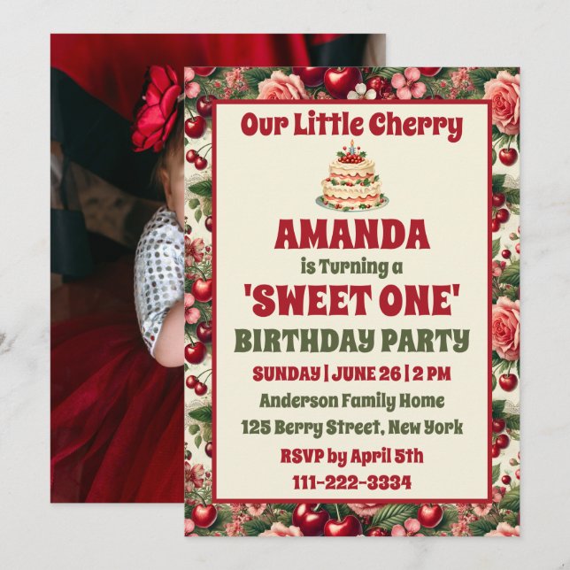Vintage Cherry 'Sweet One' 1st Birthday Photo Invitation (Front/Back)
