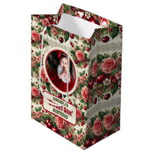 Vintage Cherry 'Sweet One' 1st Birthday Photo Medium Gift Bag