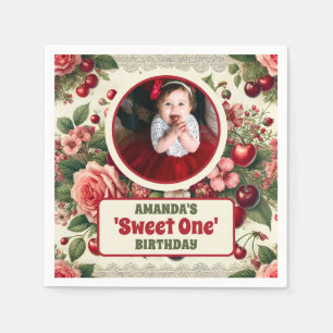 Vintage Cherry 'Sweet One' 1st Birthday Photo Napkin
