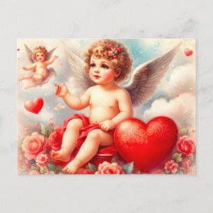 Vintage Cherub Angel with Pink Roses  Postcard