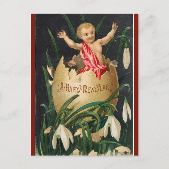 Vintage Cherub Baby in Egg Happy New Year Postcard (Front)