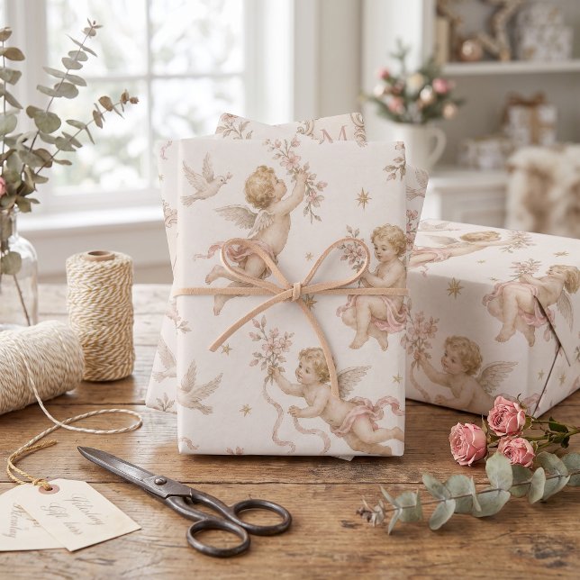 Vintage Cherub Baptism Monogram Wrapping Paper (Creator Uploaded)