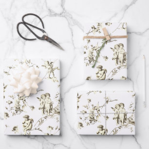 Vintage Cherub Cupid Angels Floral Beige Toile  Wrapping Paper Sheet