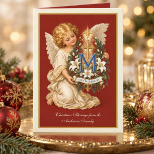 Vintage Cherub & Marian Cross Catholic Photo Holiday Card