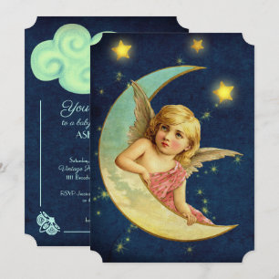 Vintage Cherub & Moon Art Deco Angel Baby Shower Invitation