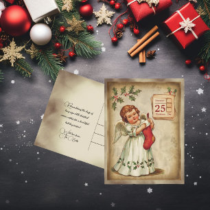 Vintage Cherub Red Stocking Christmas Holiday Postcard
