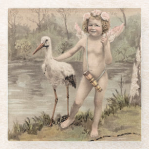 Vintage Cherub with Stork by Lake Glass Coaster