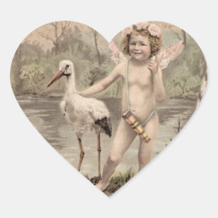 Vintage Cherub with Stork by Lake  Heart Sticker