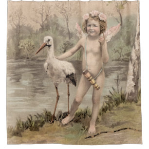 Vintage Cherub with Stork by Lake Shower Curtain