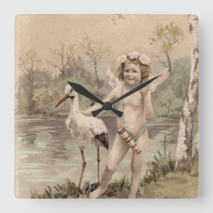 Vintage Cherub with Stork by Lake  Square Wall Clock