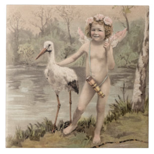 Vintage Cherub with Stork by Lake Tile