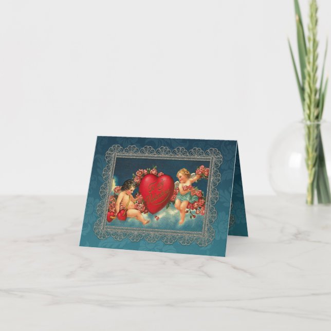 Vintage Cherubs and Valentine Heart Holiday Card (Front)
