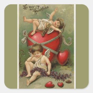 Vintage Cherubs and Valentine Hearts Green Square Sticker