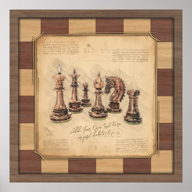 Vintage Chessboard & Chess Pieces, Player Gift Poster (Front)